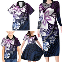 Polynesia Romantic Valentine Family Matching Long Sleeve Bodycon Dress and Hawaiian Shirt Sea Turtle Couple With Purple Gradient Plumeria LT05 - Polynesian Pride