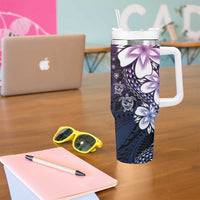 Polynesia Romantic Valentine Tumbler With Handle Sea Turtle Couple With Purple Gradient Plumeria
