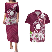 Personalised Cook Island Mangaia Gospel Day Couples Matching Puletasi and Hawaiian Shirt Floral Tribal Pattern LT05 Maroon - Polynesian Pride
