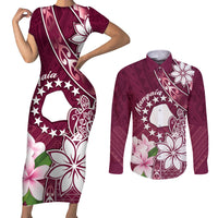 Personalised Cook Island Mangaia Gospel Day Couples Matching Short Sleeve Bodycon Dress and Long Sleeve Button Shirt Floral Tribal Pattern LT05 Maroon - Polynesian Pride