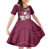 Personalised Cook Island Mangaia Gospel Day Family Matching Short Sleeve Bodycon Dress and Hawaiian Shirt Floral Tribal Pattern LT05 Daughter's Dress Maroon - Polynesian Pride