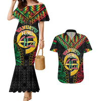 Vanuatu 45th Anniversary Independence Day Couples Matching Mermaid Dress and Hawaiian Shirt Melanesian Warrior With Sand Drawing Pattern LT05