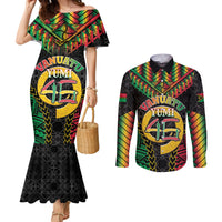 Vanuatu 46th Anniversary Independence Day Couples Matching Mermaid Dress and Long Sleeve Button Shirt Melanesian Warrior With Sand Drawing Pattern LT05 Black - Polynesian Pride