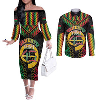 Vanuatu 45th Anniversary Independence Day Couples Matching Off The Shoulder Long Sleeve Dress and Long Sleeve Button Shirt Melanesian Warrior With Sand Drawing Pattern LT05