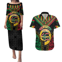 Vanuatu 46th Anniversary Independence Day Couples Matching Puletasi and Hawaiian Shirt Melanesian Warrior With Sand Drawing Pattern LT05 Black - Polynesian Pride