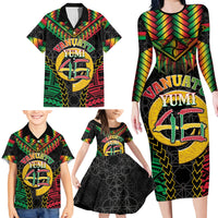 Vanuatu 46th Anniversary Independence Day Family Matching Long Sleeve Bodycon Dress and Hawaiian Shirt Melanesian Warrior With Sand Drawing Pattern LT05 - Polynesian Pride