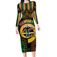 Vanuatu 46th Anniversary Independence Day Family Matching Long Sleeve Bodycon Dress and Hawaiian Shirt Melanesian Warrior With Sand Drawing Pattern LT05 Mom's Dress Black - Polynesian Pride