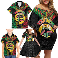 Vanuatu 46th Anniversary Independence Day Family Matching Off Shoulder Short Dress and Hawaiian Shirt Melanesian Warrior With Sand Drawing Pattern LT05 - Polynesian Pride