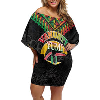 Vanuatu 46th Anniversary Independence Day Family Matching Off Shoulder Short Dress and Hawaiian Shirt Melanesian Warrior With Sand Drawing Pattern LT05 Mom's Dress Black - Polynesian Pride