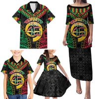 Vanuatu 45th Anniversary Independence Day Family Matching Puletasi and Hawaiian Shirt Melanesian Warrior With Sand Drawing Pattern LT05