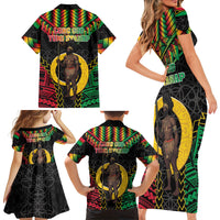 Vanuatu 46th Anniversary Independence Day Family Matching Short Sleeve Bodycon Dress and Hawaiian Shirt Melanesian Warrior With Sand Drawing Pattern LT05 - Polynesian Pride