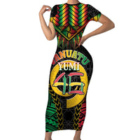 Vanuatu 45th Anniversary Independence Day Family Matching Short Sleeve Bodycon Dress and Hawaiian Shirt Melanesian Warrior With Sand Drawing Pattern LT05 Mom's Dress Black - Polynesian Pride