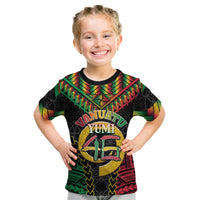Vanuatu 46th Anniversary Independence Day Kid T Shirt Melanesian Warrior With Sand Drawing Pattern LT05 Black - Polynesian Pride