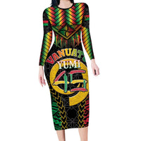 Vanuatu 45th Anniversary Independence Day Long Sleeve Bodycon Dress Melanesian Warrior With Sand Drawing Pattern LT05