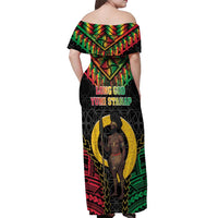 Vanuatu 45th Anniversary Independence Day Off Shoulder Maxi Dress Melanesian Warrior With Sand Drawing Pattern LT05