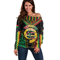 Vanuatu 46th Anniversary Independence Day Off Shoulder Sweater Melanesian Warrior With Sand Drawing Pattern LT05 Women Black - Polynesian Pride