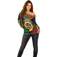 Vanuatu 46th Anniversary Independence Day Off Shoulder Sweater Melanesian Warrior With Sand Drawing Pattern LT05 - Polynesian Pride