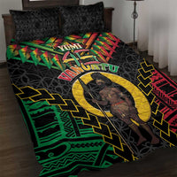 Vanuatu 46th Anniversary Independence Day Quilt Bed Set Melanesian Warrior With Sand Drawing Pattern LT05 Black - Polynesian Pride
