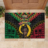 Vanuatu 46th Anniversary Independence Day Rubber Doormat Melanesian Warrior With Sand Drawing Pattern LT05 Black - Polynesian Pride