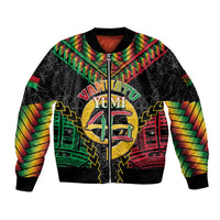 Vanuatu 46th Anniversary Independence Day Sleeve Zip Bomber Jacket Melanesian Warrior With Sand Drawing Pattern LT05 Unisex Black - Polynesian Pride