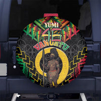Vanuatu 46th Anniversary Independence Day Spare Tire Cover Melanesian Warrior With Sand Drawing Pattern LT05 No hole Black - Polynesian Pride