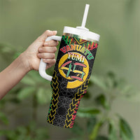 Vanuatu 46th Anniversary Independence Day Tumbler With Handle Melanesian Warrior With Sand Drawing Pattern LT05 - Polynesian Pride