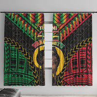 Vanuatu 46th Anniversary Independence Day Window Curtain Melanesian Warrior With Sand Drawing Pattern LT05 With Hooks Black - Polynesian Pride