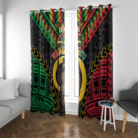 Vanuatu 46th Anniversary Independence Day Window Curtain Melanesian Warrior With Sand Drawing Pattern LT05 With Grommets Black - Polynesian Pride