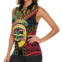 Vanuatu 46th Anniversary Independence Day Women Sleeveless Polo Shirt Melanesian Warrior With Sand Drawing Pattern LT05 - Polynesian Pride