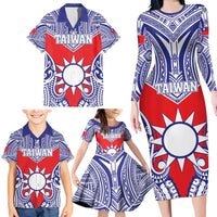 Personalised Taiwan Family Matching Long Sleeve Bodycon Dress and Hawaiian Shirt Austronesian Tribal Tattoo Red LT05 - Polynesian Pride