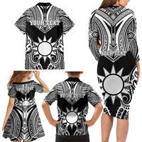 Personalised Taiwan Family Matching Long Sleeve Bodycon Dress and Hawaiian Shirt Austronesian Tribal Tattoo Black LT05 - Polynesian Pride