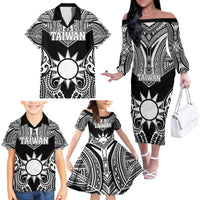 Personalised Taiwan Family Matching Off The Shoulder Long Sleeve Dress and Hawaiian Shirt Austronesian Tribal Tattoo Black LT05 - Polynesian Pride