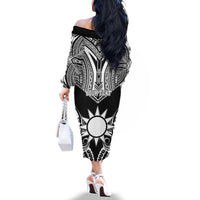 Personalised Taiwan Family Matching Off The Shoulder Long Sleeve Dress and Hawaiian Shirt Austronesian Tribal Tattoo Black LT05 - Polynesian Pride