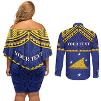 Personalised Tokelau Happy Tokehega Day Couples Matching Off Shoulder Short Dress and Long Sleeve Button Shirt Polynesian Tribal Tattoo