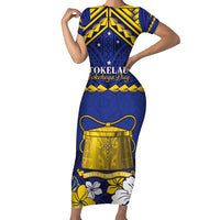 Personalised Tokelau Happy Tokehega Day Family Matching Short Sleeve Bodycon Dress and Hawaiian Shirt Polynesian Tribal Tattoo LT05 Mom's Dress Blue - Polynesian Pride