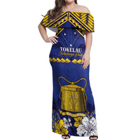 Personalised Tokelau Happy Tokehega Day Off Shoulder Maxi Dress Polynesian Tribal Tattoo LT05 Women Blue - Polynesian Pride