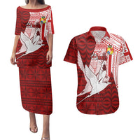 Personalized Tonga Niuas Couples Matching Puletasi Dress and Hawaiian Shirt White Tailed Tropicbird With Ngatu Pattern LT05 Red - Polynesian Pride