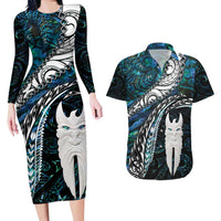 New Zealand Aotearoa Couples Matching Long Sleeve Bodycon Dress and Hawaiian Shirt Maori Hei Rehua Paua Shell Glitter Green LT05 Green - Polynesian Pride