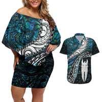 New Zealand Aotearoa Couples Matching Off Shoulder Short Dress and Hawaiian Shirt Maori Hei Rehua Paua Shell Glitter Green LT05 Green - Polynesian Pride