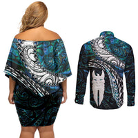 New Zealand Aotearoa Couples Matching Off Shoulder Short Dress and Long Sleeve Button Shirt Maori Hei Rehua Paua Shell Glitter Green LT05 - Polynesian Pride