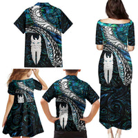 New Zealand Aotearoa Family Matching Puletasi and Hawaiian Shirt Maori Hei Rehua Paua Shell Glitter Green LT05 - Polynesian Pride