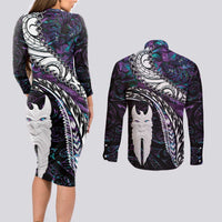 New Zealand Aotearoa Couples Matching Long Sleeve Bodycon Dress and Long Sleeve Button Shirt Maori Hei Rehua Paua Shell Glitter Purple LT05 - Polynesian Pride