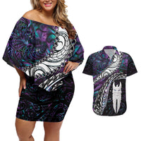 New Zealand Aotearoa Couples Matching Off Shoulder Short Dress and Hawaiian Shirt Maori Hei Rehua Paua Shell Glitter Purple LT05 Purple - Polynesian Pride
