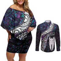 New Zealand Aotearoa Couples Matching Off Shoulder Short Dress and Long Sleeve Button Shirt Maori Hei Rehua Paua Shell Glitter Purple LT05 Purple - Polynesian Pride