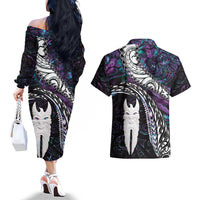 New Zealand Aotearoa Couples Matching Off The Shoulder Long Sleeve Dress and Hawaiian Shirt Maori Hei Rehua Paua Shell Glitter Purple LT05 - Polynesian Pride