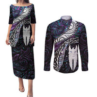 New Zealand Aotearoa Couples Matching Puletasi and Long Sleeve Button Shirt Maori Hei Rehua Paua Shell Glitter Purple LT05 Purple - Polynesian Pride