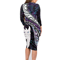 New Zealand Aotearoa Family Matching Long Sleeve Bodycon Dress and Hawaiian Shirt Maori Hei Rehua Paua Shell Glitter Purple LT05 - Polynesian Pride