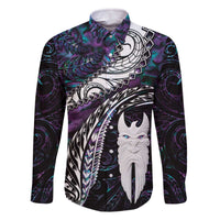 New Zealand Aotearoa Family Matching Off The Shoulder Long Sleeve Dress and Hawaiian Shirt Maori Hei Rehua Paua Shell Glitter Purple LT05 Dad's Shirt - Long Sleeve Purple - Polynesian Pride