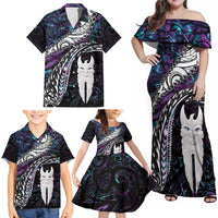 New Zealand Aotearoa Family Matching Off Shoulder Maxi Dress and Hawaiian Shirt Maori Hei Rehua Paua Shell Glitter Purple LT05 - Polynesian Pride
