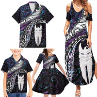 New Zealand Aotearoa Family Matching Summer Maxi Dress and Hawaiian Shirt Maori Hei Rehua Paua Shell Glitter Purple LT05 - Polynesian Pride